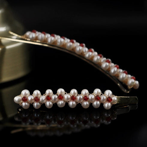 Elegant Pearl and Red Bead Hair Barrette
